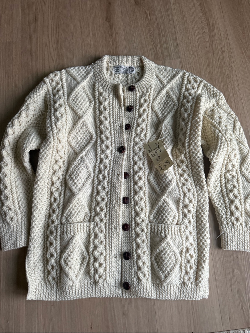 Athena Aran Crafts Merino Wool Honeycomb Chevron Sweater Cardigan Natural NEW 44 - Picture 4 of 5